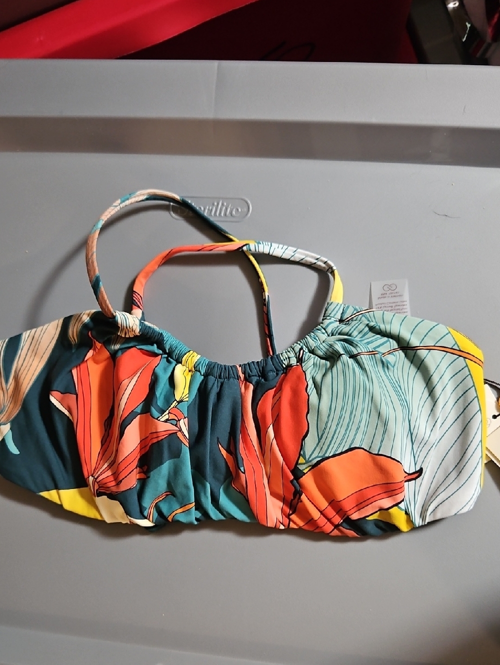 CALIA Women's Scrunched Tie Back Bikini Top: Botanical Print Sea Green: NWT: S